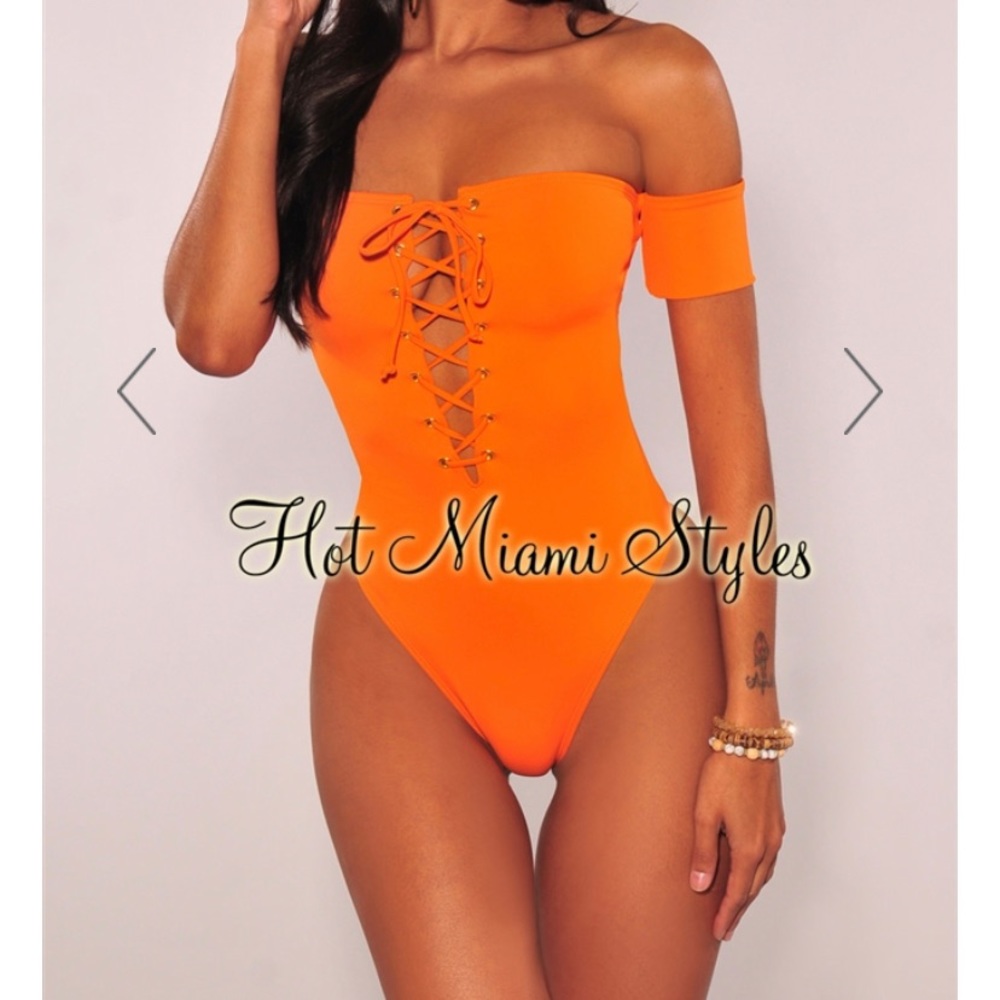 Orange off shoulder one piece bikini swim